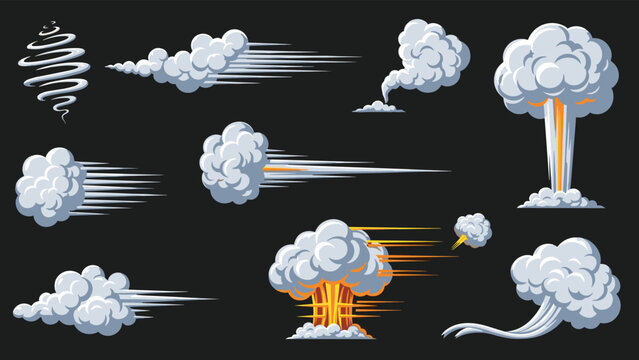 Pixel art explosion smoke clouds, dust trails, and nuclear blast effects set isolated on a dark gray background.