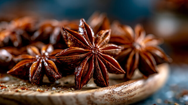 Whole star anise pods resting on a wooden spoon used for flavoring gourmet dishes and baking