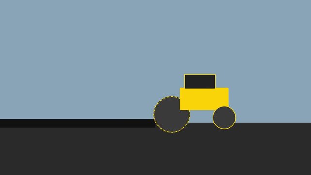 Minimalist flat animation of a yellow road roller compacting asphalt for construction and infrastructure projects 4k