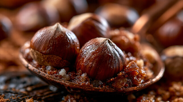 Whole hazelnuts sitting in a copper spoon with crushed nut pieces on a dark rustic surface, hazelnut