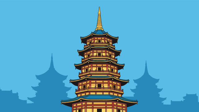 Magnificent traditional Chinese pagoda temple with multi-tiered roofs towering under a clear blue sky background.