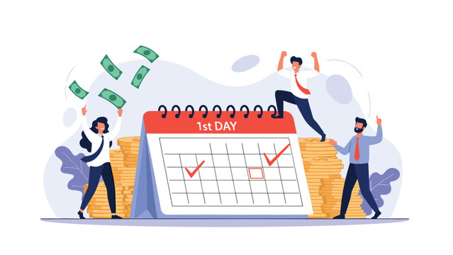 Group of happy diverse employees celebrating their first payday next to a large calendar and stacks of shiny gold coins.