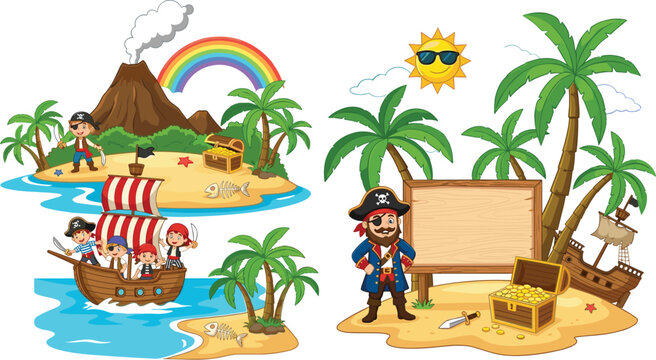 Cute Pirate Island Adventure Vector Set with Ship Treasure Chest Volcano Wooden Board and Kids