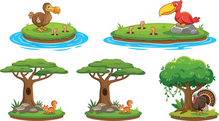 Cute wild animal and bird cartoon characters set featuring dodo, toucan, turkey, and squirrels. © Lipon