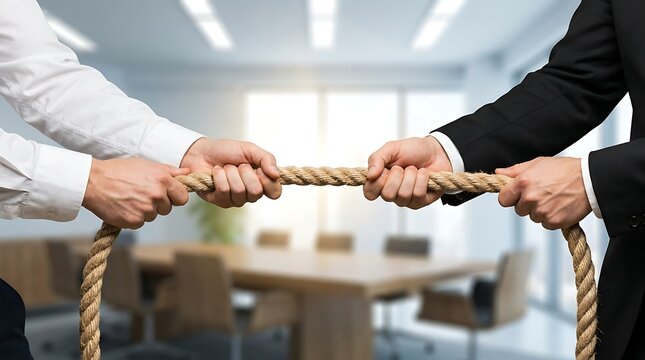 Business people pulling rope in tug of war competition with business, conflict