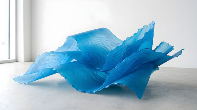 Premium abstract composition of overlapping azure plastic waves, featuring micro-perforated lines and soft ruffled edges, casting gentle ambient shadows in a bright minimalist studio environment.