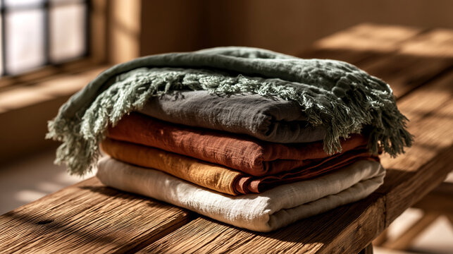 Stack of colored linen fabric throws on rustic wooden bench with textiles material interior