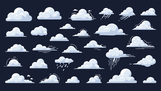 Extensive vector collection of cartoon-style sky clouds in different shapes and weather conditions on a dark background.