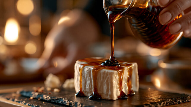 Dark chocolate syrup being poured over a gourmet white dessert square with chocolate, culinary