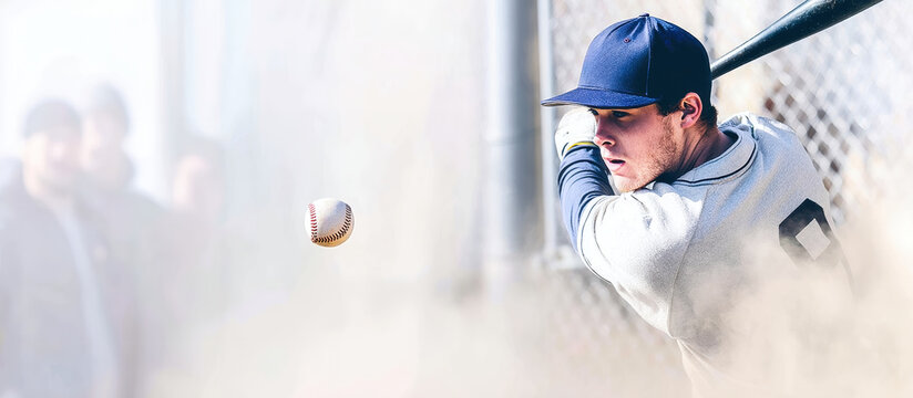 A focused baseball player swings his bat powerfully, hitting a ball mid-air during a game, dust flying around him