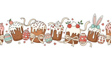 Fototapeta premium Delicious easter border features a variety of glazed cakes decorated with frosting and ribbons alongside colorful heart patterned eggs.