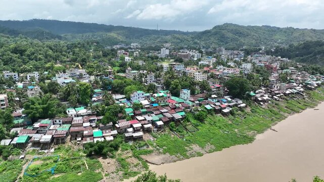 Aerial drone flying over rangamati city in bangladesh