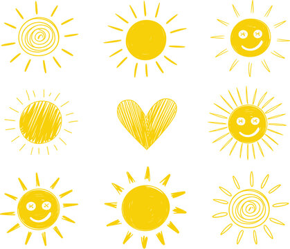 Set of nine yellow hand-drawn sun with various expressions and patterns, isolated on a white background, summer weather