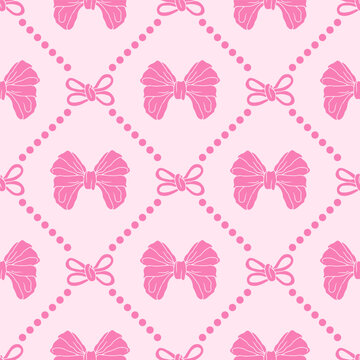 Pink bow pearl trellis seamless pattern. Cute girly coquette repeat background