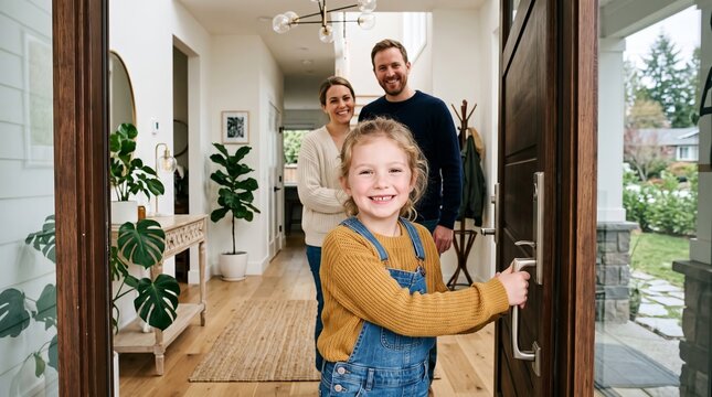 Cheerful young girl warmly opening the front door of a modern home, smiling toward camera, with happy parents behind her, welcoming family