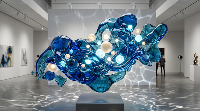 Photorealistic 3d abstract of morphing fluid liquid blue glass blobs and floating luminous spheres, caustic reflections, high-end commercial contemporary art background, 8k.