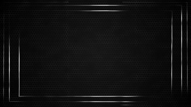 Black honeycomb tech frame background metallic borders, hexagon pattern, clean center space. security videos, title templates, industrial promos, gaming overlays, science screens, dark digital intros
