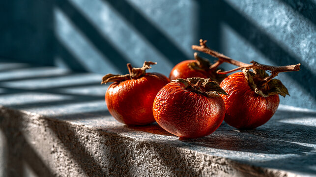 Fresh ripe persimmons fruit resting on stone surface with dramatic shadow patterns, persimmon