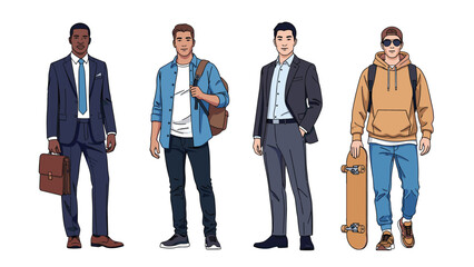 Obraz premium Four young men wearing different fashion styles including business suits, denim jackets, smart casual, and skater streetwear.