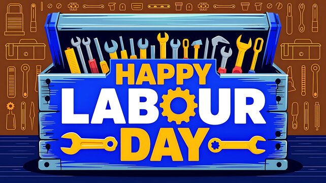 Happy labour day festive graphic featuring a wooden toolbox filled with various metal construction hand tools