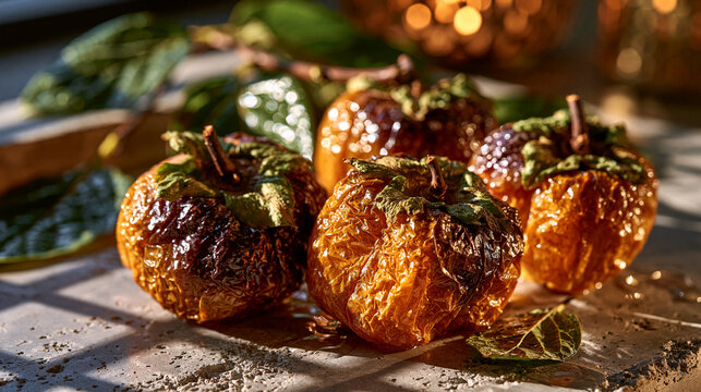 Roasted baked persimmon fruit dessert on rustic table with warm lighting persimmon seasonal