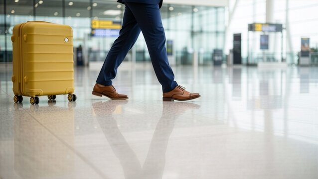 Low angle view of a businessman legs walking with a yellow suitcase on wheels inside a bright airport terminal, passenger traveling for business trip or summer vacation concept.