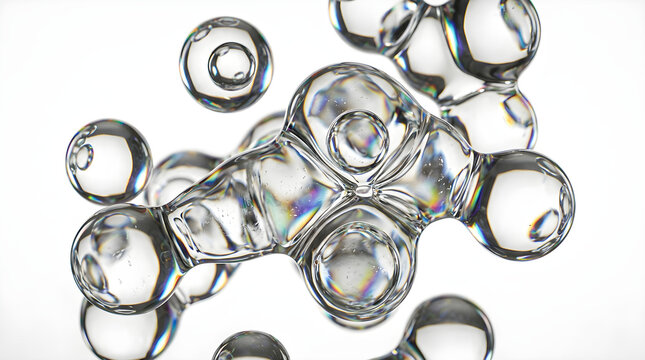 Cinematic 8k macro render of abstract glass metaballs and morphing crystal bubbles suspended in mid-air, refracting complex light spectrums against a pure isolated white background.
