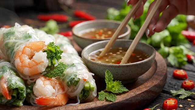 Fresh shrimp spring rolls with dipping sauce.