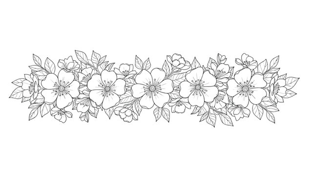 Long horizontal banner featuring a dense arrangement of wild roses in line art style for elegant floral border designs.
