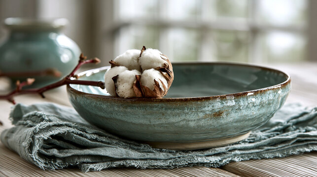 Decorative green ceramic bowl with cotton branch and linen cloth setting tableware handmade