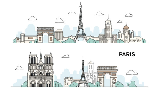 Two horizontal line art banners depicting iconic historic landmarks of Paris including Notre-Dame Cathedral and Eiffel Tower.