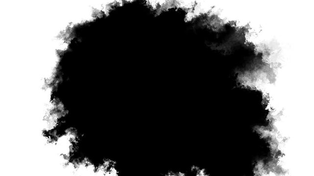 Black smoke ink burst overlay clean white background cloudy plume, rough edges, high contrast liquid texture. alpha masks, reveal transitions, dramatic intros, grunge effects, title wipes, abstract