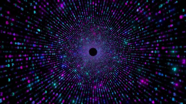 Neon number tunnel background cyan magenta digits, radial depth, vortex. data videos, coding intros, analytics visuals, cyber security screens, AI promos, futuristic digital transitions
