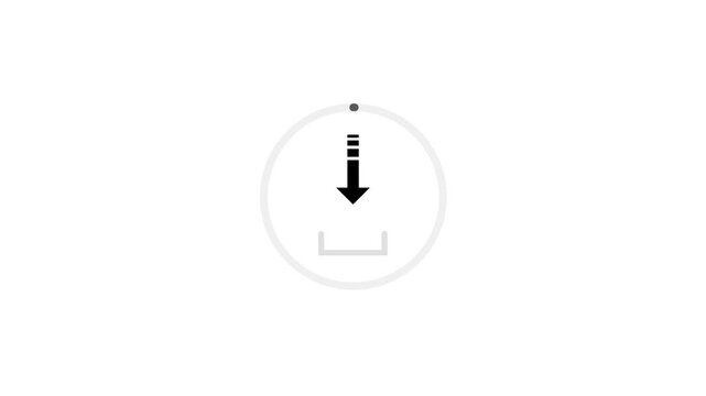 Clean download icon animation frame black arrow, circular progress ring, simple white background. app tutorials, file transfer , cloud storage prompts, software guides, website buttons, UI overlays