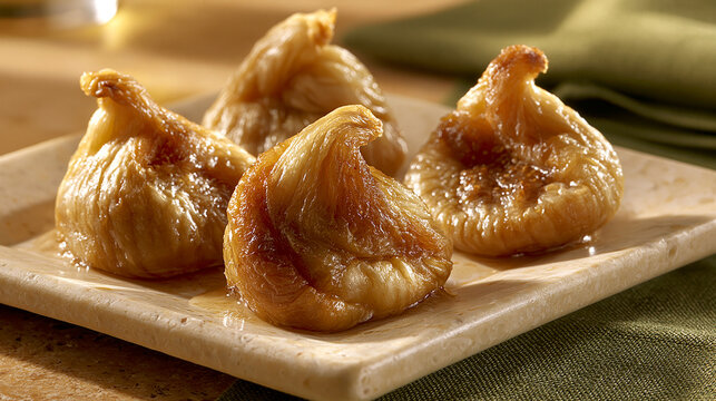 Fresh glazed dried figs on a square serving plate with still life vegetarian delicious appetizer