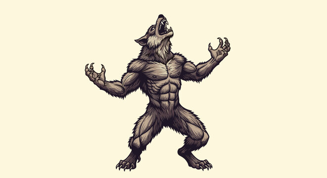 Ferocious werewolf with a muscular physique and sharp claws howls at the night moon on a pale cream background.