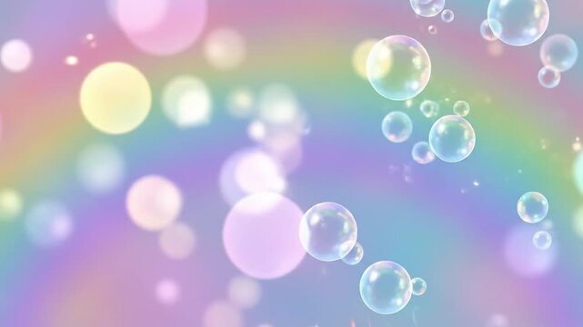 Floating soap bubbles drifting across a soft pastel rainbow background with shimmering bokeh