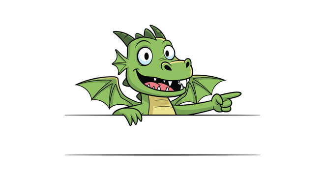 Small friendly green dragon peeks over a blank white banner and points its finger to emphasize a promotional message.