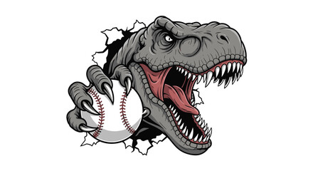 Naklejka premium Menacing Tyrannosaurus Rex head holding a baseball in its claws bursts through a white ripped paper background.