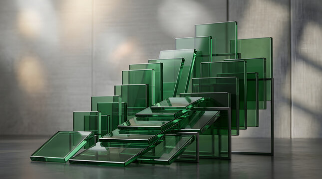Premium 3d abstract composition of staggered translucent green glass squares, soft diffused studio lighting, elegant commercial texture background, photorealistic detailing, 8k.