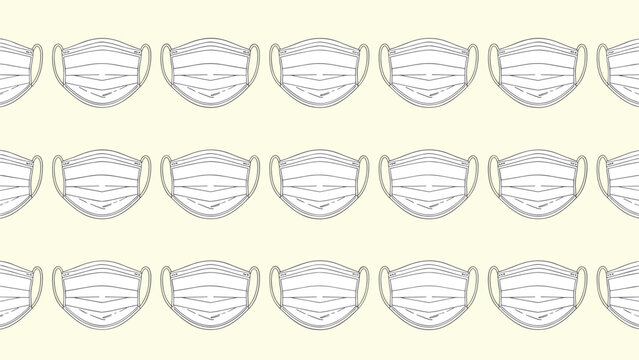 Systematic grid pattern of white medical face masks on a pale yellow background representing healthcare standards and virus protection measures.
