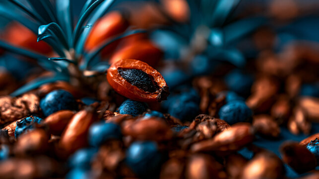 Dark moody still life of exotic berries and seeds with artistic culinary ingredient colorful
