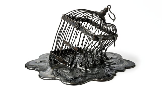 Vintage metal birdcage melting into a dark liquid puddle against a pure white background for surreal artistic expressions and powerful escaping confinement themes