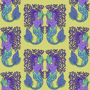 Beautiful long hair mermaid holding conch shell seamless pattern on yellow background vector illustration