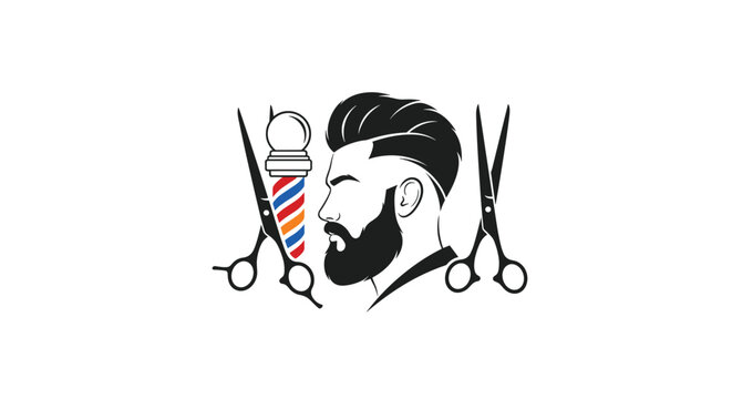 Stylish barbershop logo design featuring a side profile of a bearded man with a trendy haircut, scissors, and a barber pole.