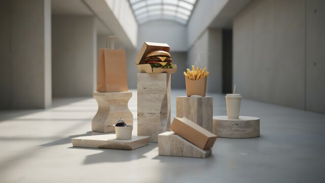 Fast food meal set with burger and fries on stone pedestals fastfood delivery cheeseburger sandwich junkfood pedestal minimalist interior architecture concrete packaging paperbag culinary