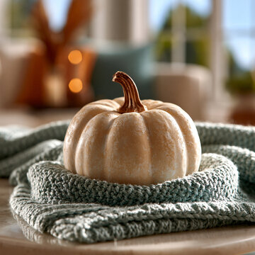 Decorative handmade beige knitted pumpkin sitting on a folded blue chunky knit blanket background