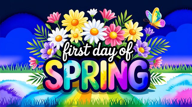 First day of spring decorative poster with colorful flowers and butterflies in artistic style springtime butterfly