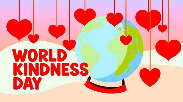 World kindness day design with a globe and hanging red hearts symbols of love and care kindness compassion