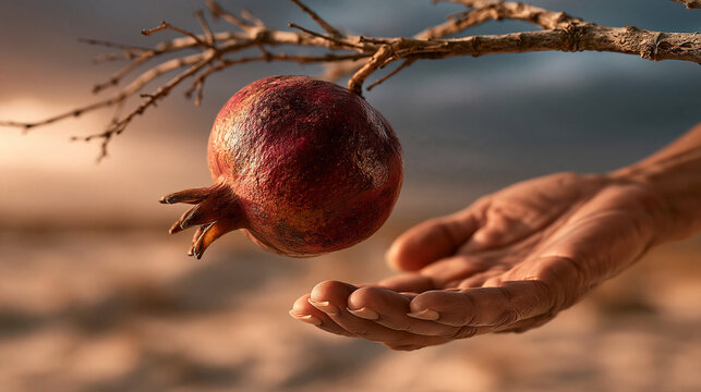 Hand reaching toward a ripe red pomegranate hanging from a dry branch at golden hour with reaching